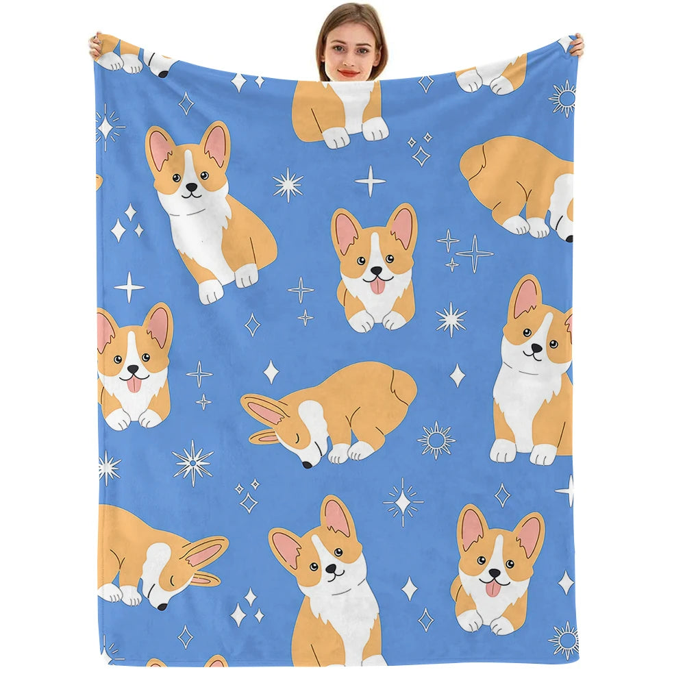 Blue Corgi Dog Fleece Throw Blanket for Sofa, Bed & Travel