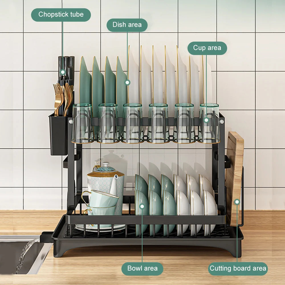 2-Tier Dish Drying Rack with Drainage Spout, Cutlery & Cup Holder