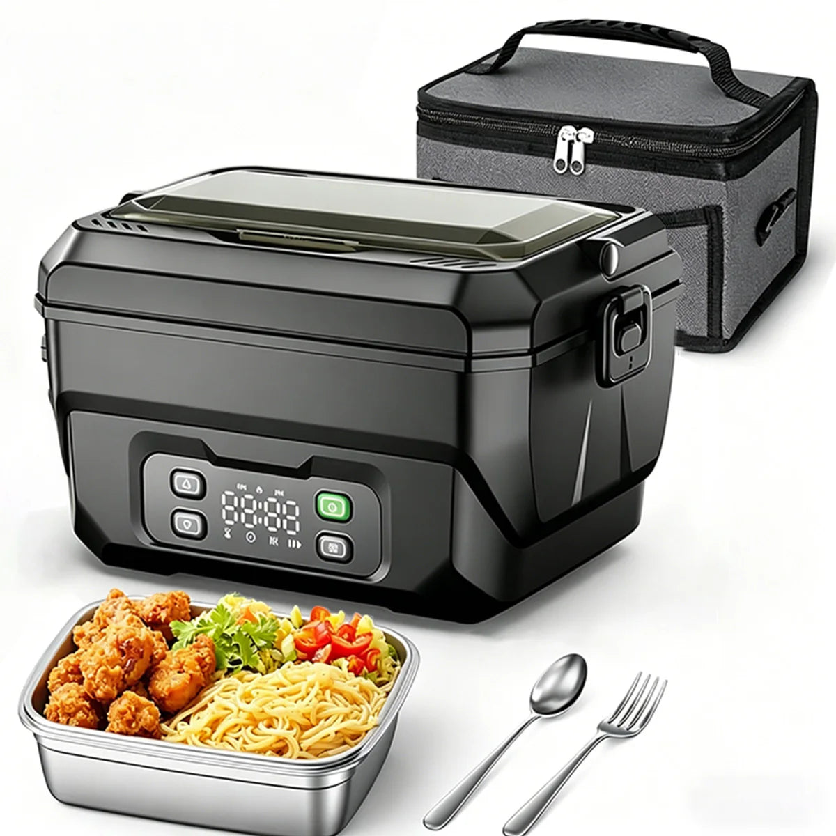 Electric Heating Lunch Box 1500ml | USB Rechargeable | Display Screen & Timer | Stainless Steel