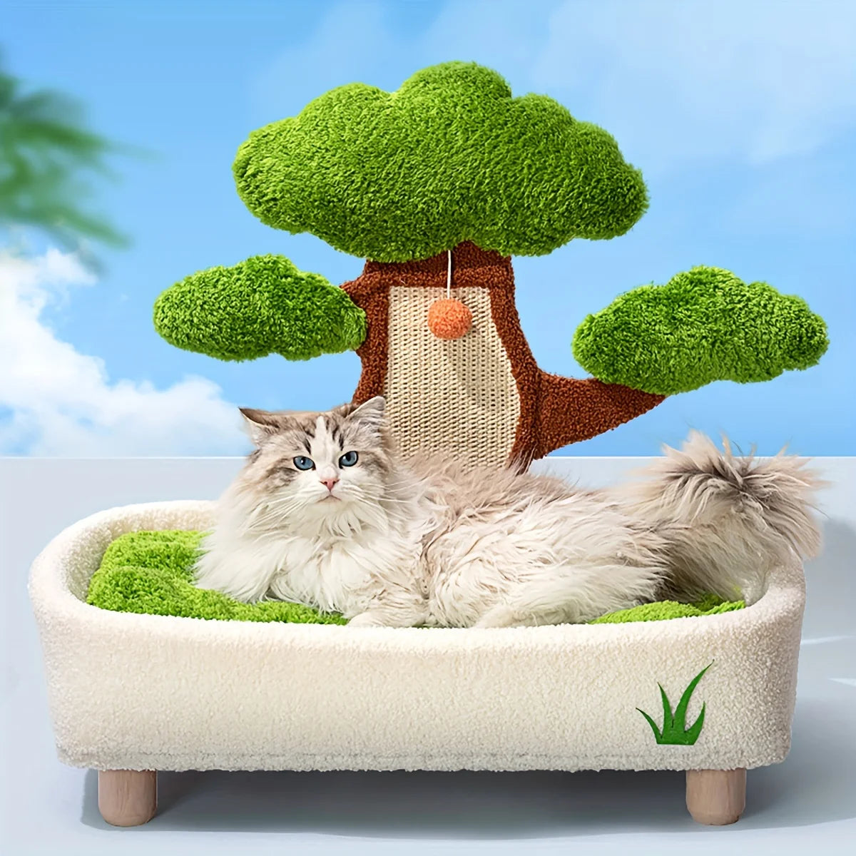 Pine Tree Cat Bed & Scratch Board | 2-in-1 | Removable Washable Cushion | Green & Light Green
