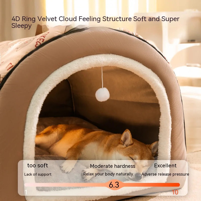 Warm Removable Washable Pet House Bed – Windproof Cave for Dogs & Cats, 5 Sizes
