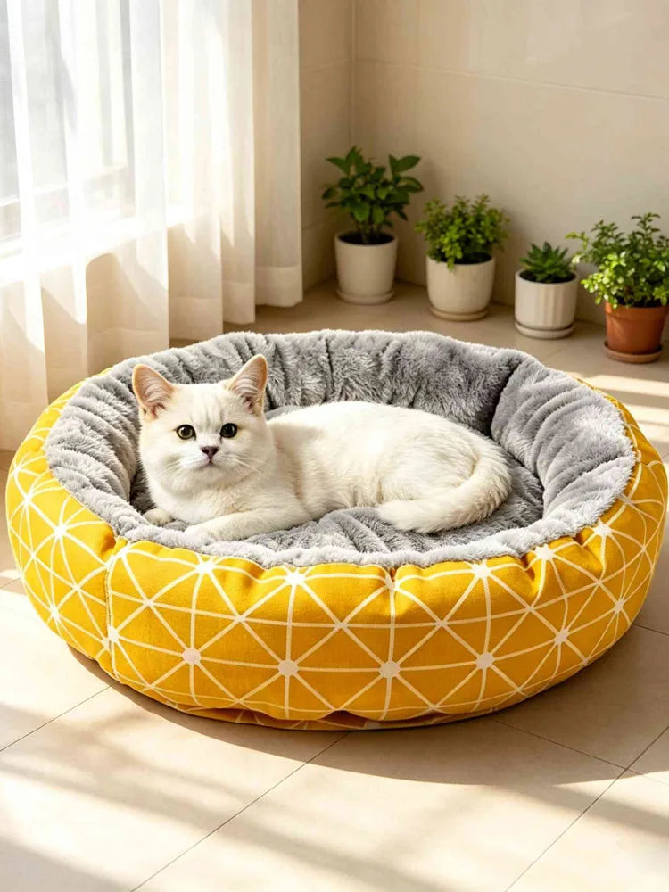 Round Coral Fleece Cat & Dog Nest Mat | Warm & Cooling | 3 Sizes | Yellow, Green, Gray