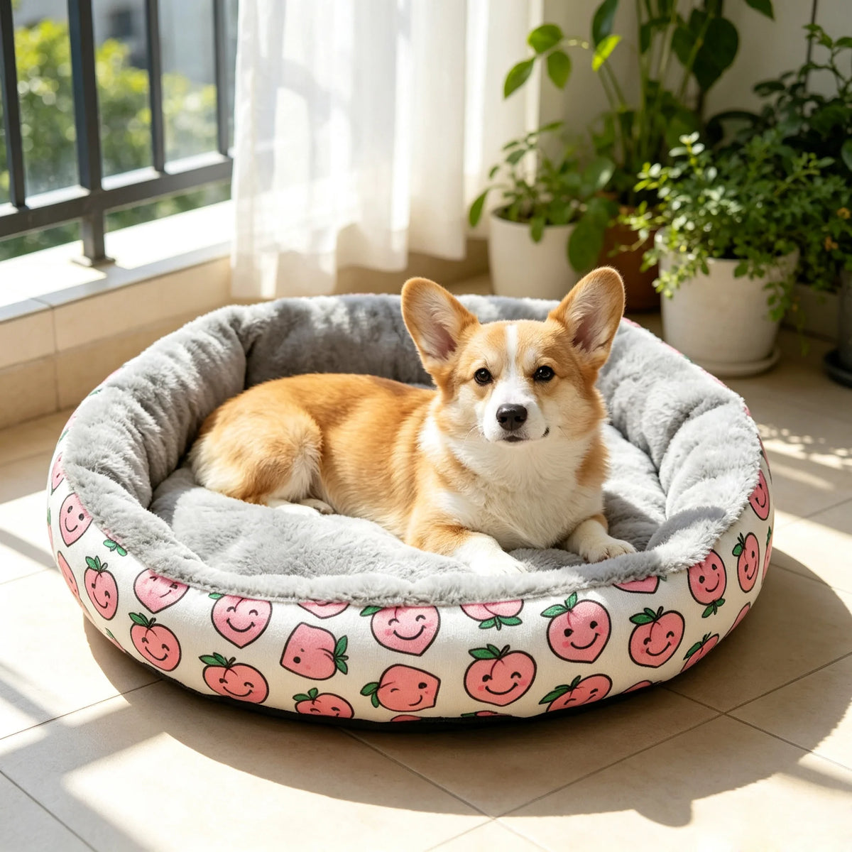 Round Corduroy Calming Cat Cushion Bed | Breathable | Warm | 3 Sizes | Pink Peach & Pink Stripe