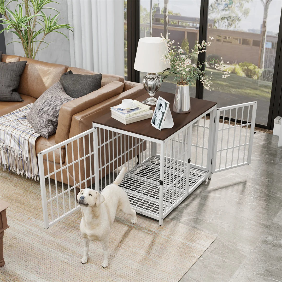 Furniture-Style Dog Crate End Table – 3 Doors, Removable Tray, M, L or XL
