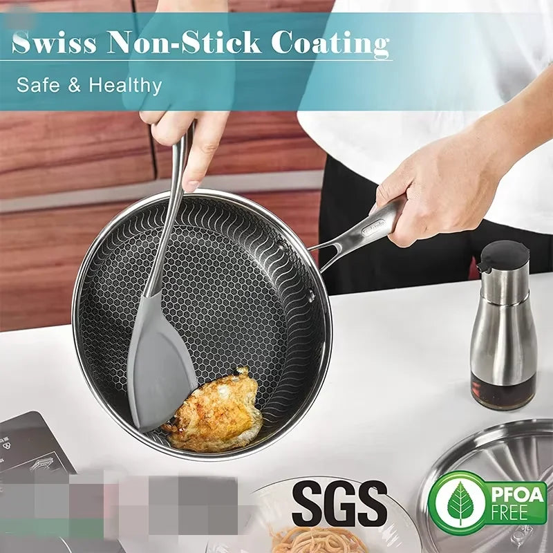 Stainless Steel Honeycomb Non-Stick Frying Pan with Glass Lid – All Cooktop Compatible