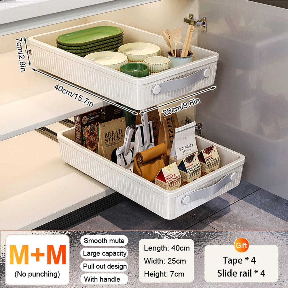 Pull-Out Cabinet Storage Tray with Slide Rails – Kitchen Sliding Drawer Organiser, M or L