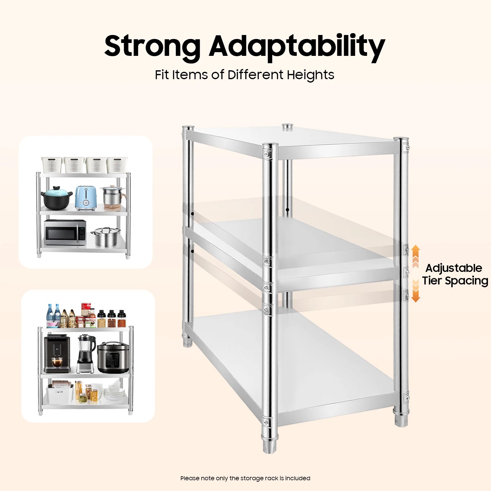 3-Tier Stainless Steel Storage Rack – Adjustable, Freestanding, Waterproof