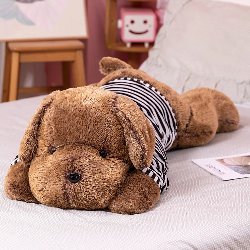 Lying Dog Plush Pillow – Floppy-Eared Striped-Shirt Pup