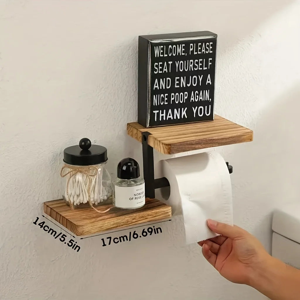 Wall-Mounted Wooden Toilet Paper Holder with Shelf – Bathroom Tissue Roll Dispenser