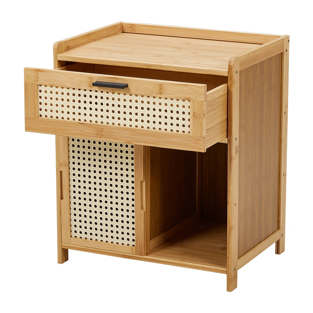 Compact Wooden Nightstand with Drawer & Sliding Door
