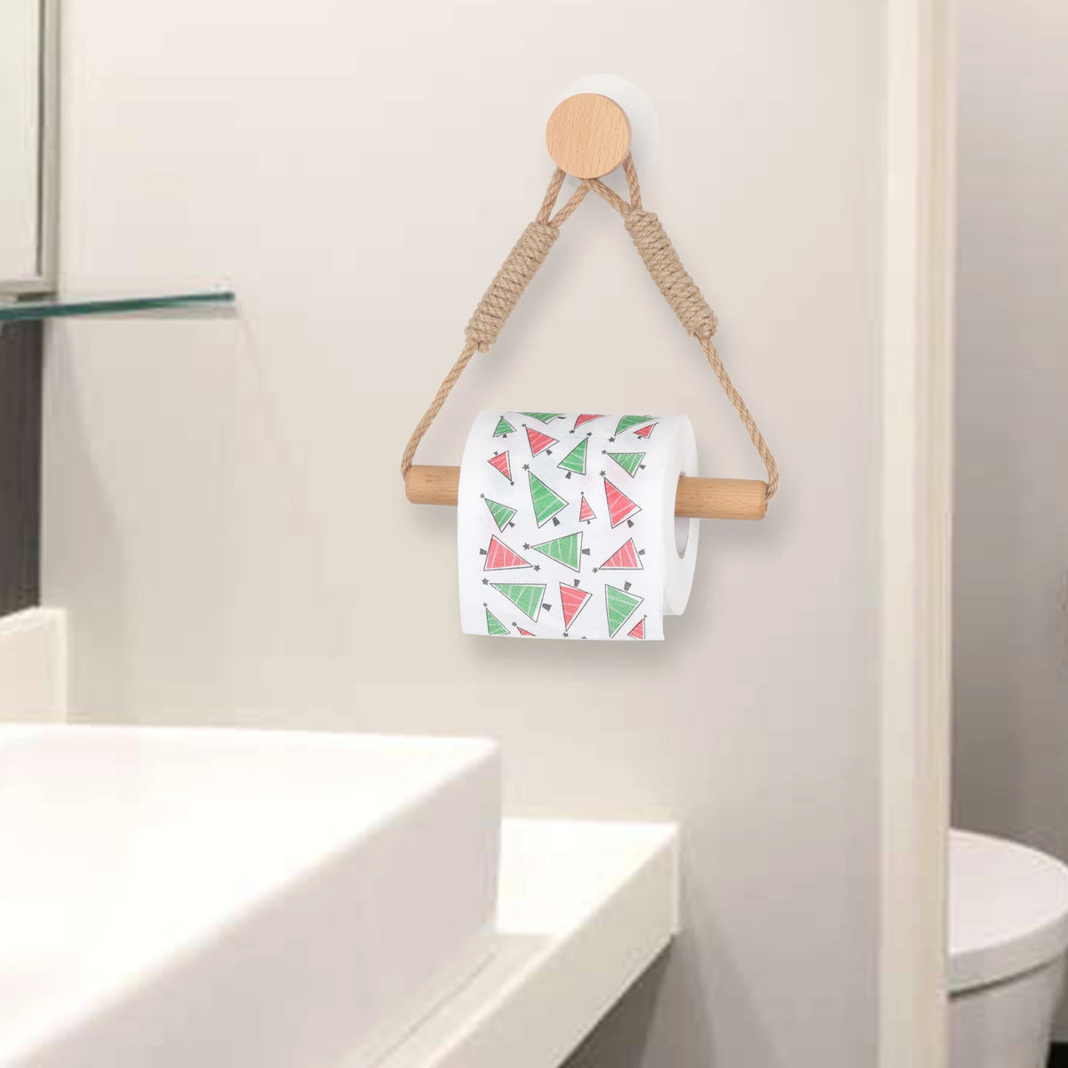 Wooden Toilet Paper Holder – Wall Mounted, Nail-Free, Triangle