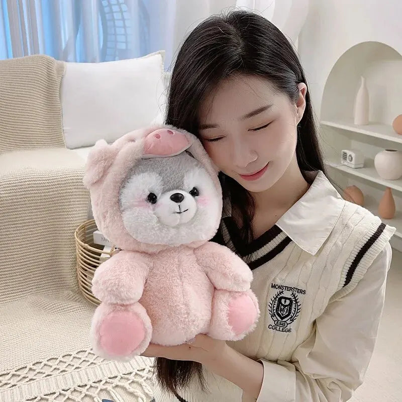 Kawaii Husky in Pig Costume Plush Stuffed Toy | Pink | PP Cotton | 20cm