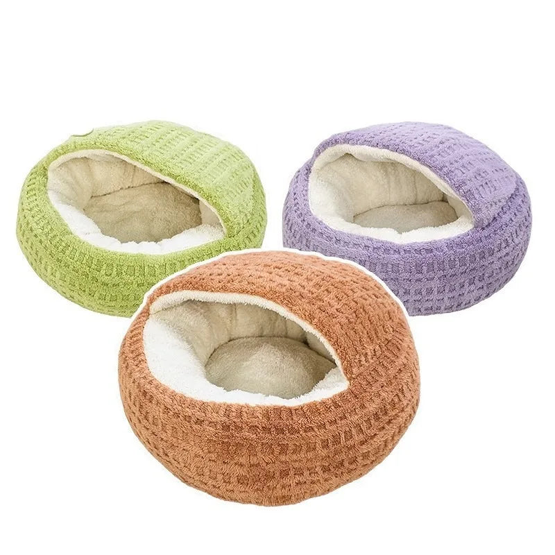 Semi-Enclosed Shell Cat Bed | Plush Warm Sleeping Nest | Non-Slip | 2 Sizes