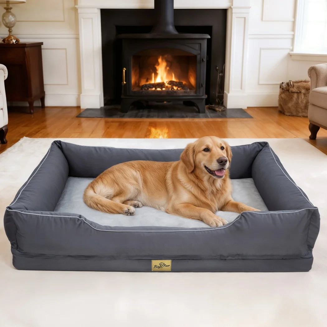 Oxford & Faux Rabbit Fur Bolster Dog Bed | Sponge Foam | Removable Cover | Non-Slip | 5 Sizes