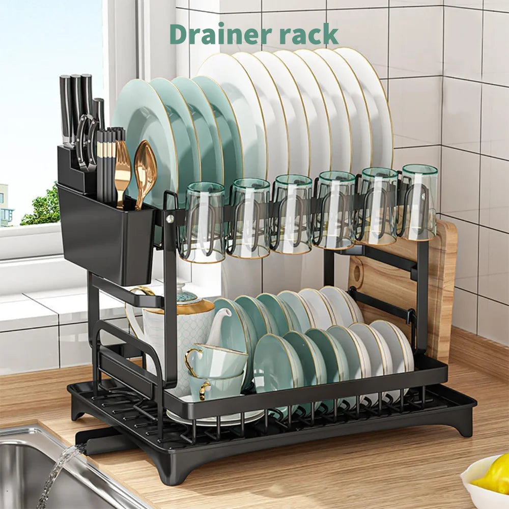 2-Tier Dish Drying Rack with Drainage Spout, Cutlery & Cup Holder