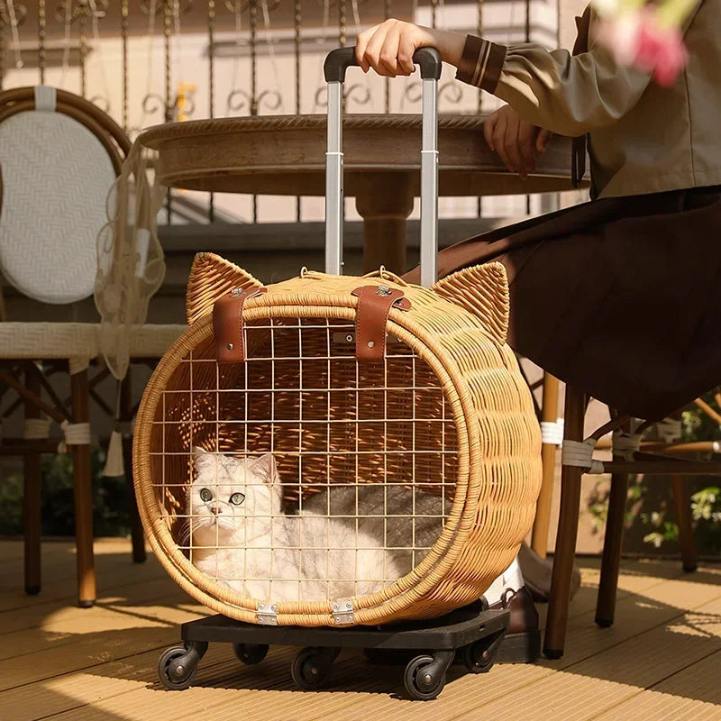 Handwoven Rattan Pet Trolley Carrier – Wheeled Tote Bag for Cats & Dogs, 2 Styles