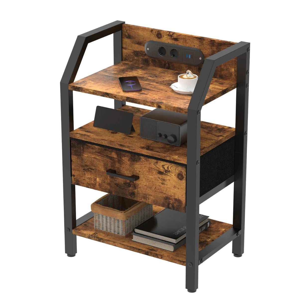 3-Tier Bedside Table with Charging Station, LED Light & Drawers – White, Black, Brown or Grey