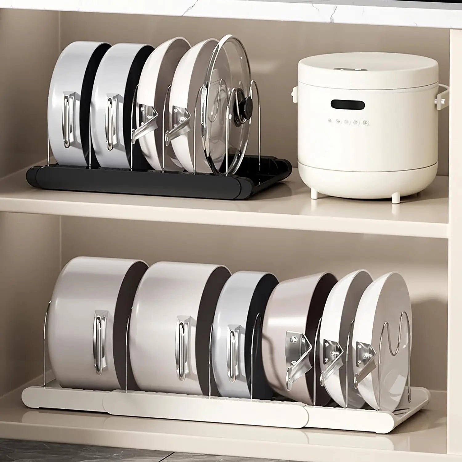 Expandable Pan and Lid Organiser Rack – Adjustable Kitchen Cabinet Storage