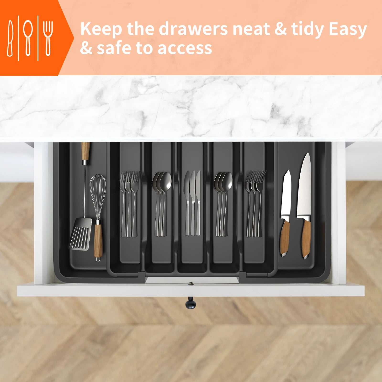 Expandable Cutlery Drawer Organizer with 8 Compartments – Adjustable 13–22 in