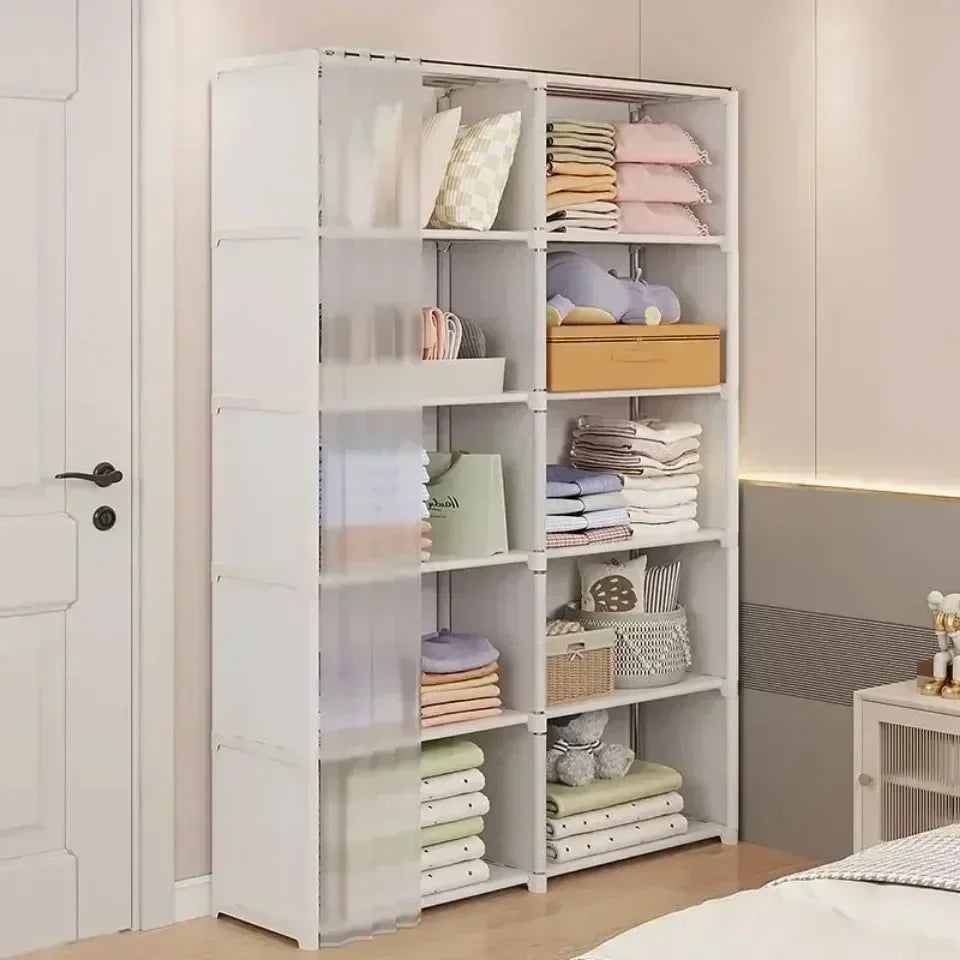 Dustproof Wardrobe Storage Rack with Curtain – 5 or 6 Layer, Single or Double Width