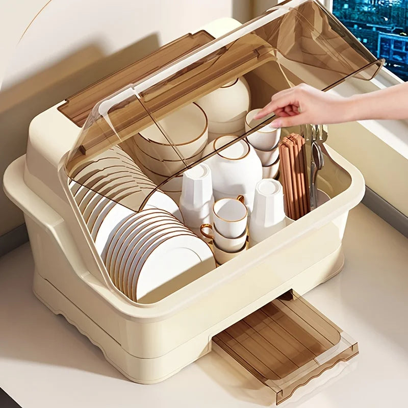 Dish Rack with Lid – Dust-Proof Countertop Organiser with Drainboard