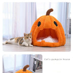 Pumpkin Cat Cave | Semi-Enclosed Pet Bed | Removable Cushion | Plush | Orange
