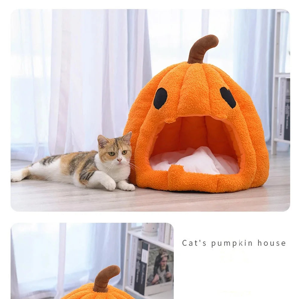 Pumpkin Cat Cave | Semi-Enclosed Pet Bed | Removable Cushion | Plush | Orange