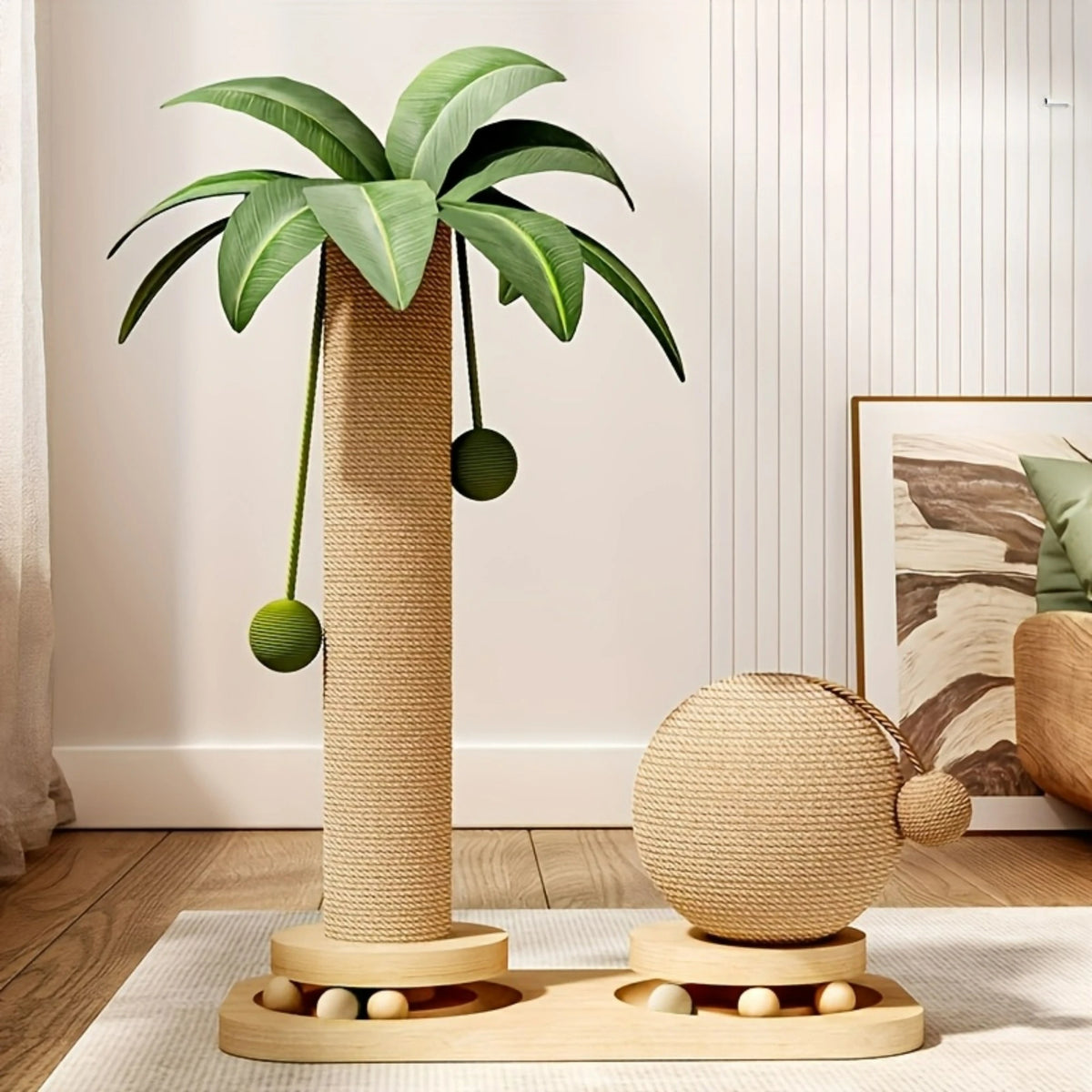 Coconut Tree Cat Scratching Post & Play Tower – 2-in-1 Sisal & Corrugated, Hanging Balls