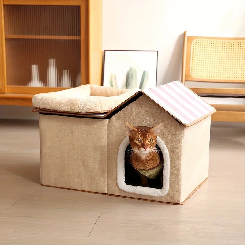2-in-1 Cat House with Removable Top Bed