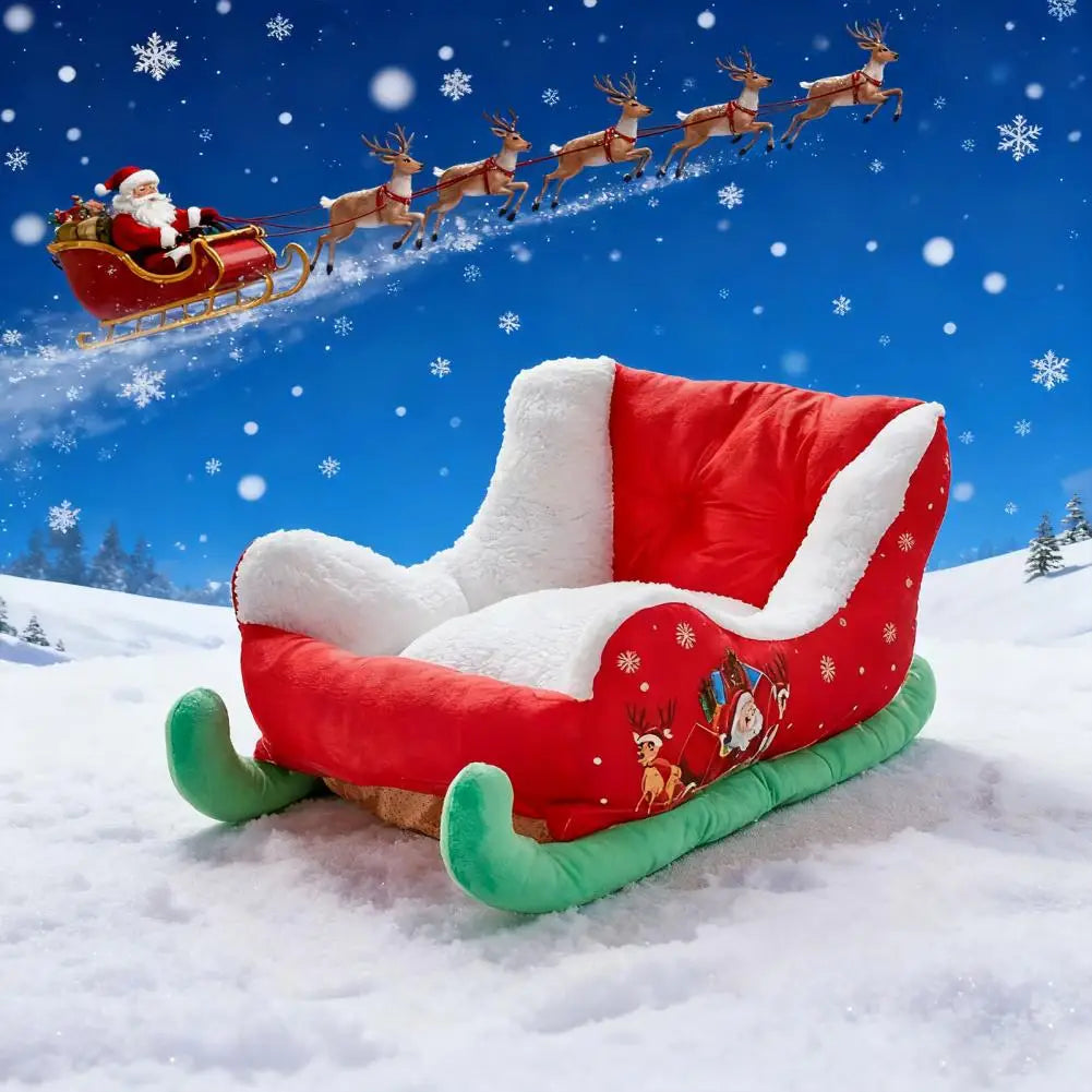 Christmas Sleigh Pet Bed | Velvet & Faux Fur | Dogs & Cats | Washable | 3 Sizes