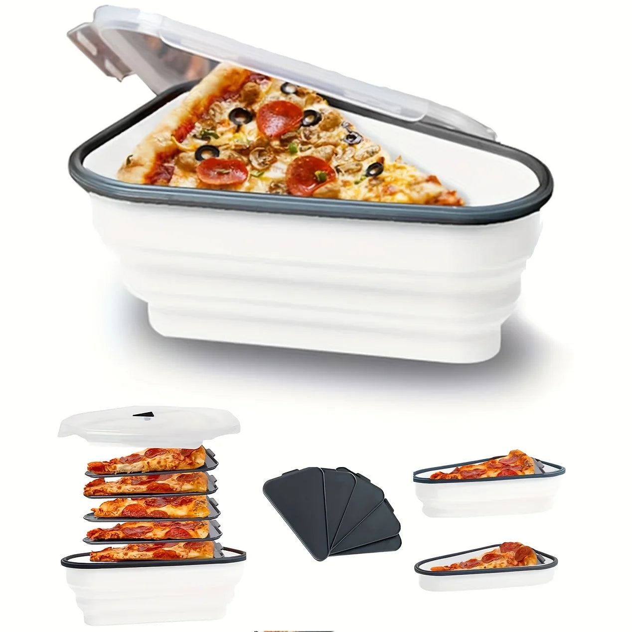 Collapsible Silicone Pizza Storage Container with 5 Microwavable Serving Trays – Airtight, Space-Saving, White