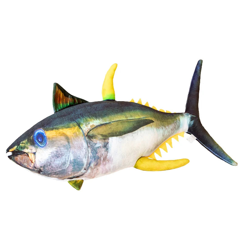 Giant Realistic Tuna Fish Plush Pillow | Photorealistic Yellowfin Print | Blue Iridescent Eye, Yellow Fins & Dark Lunate Tail | 60cm to 125cm