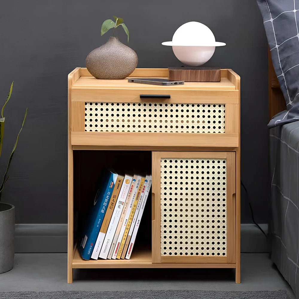Compact Wooden Nightstand with Drawer & Sliding Door