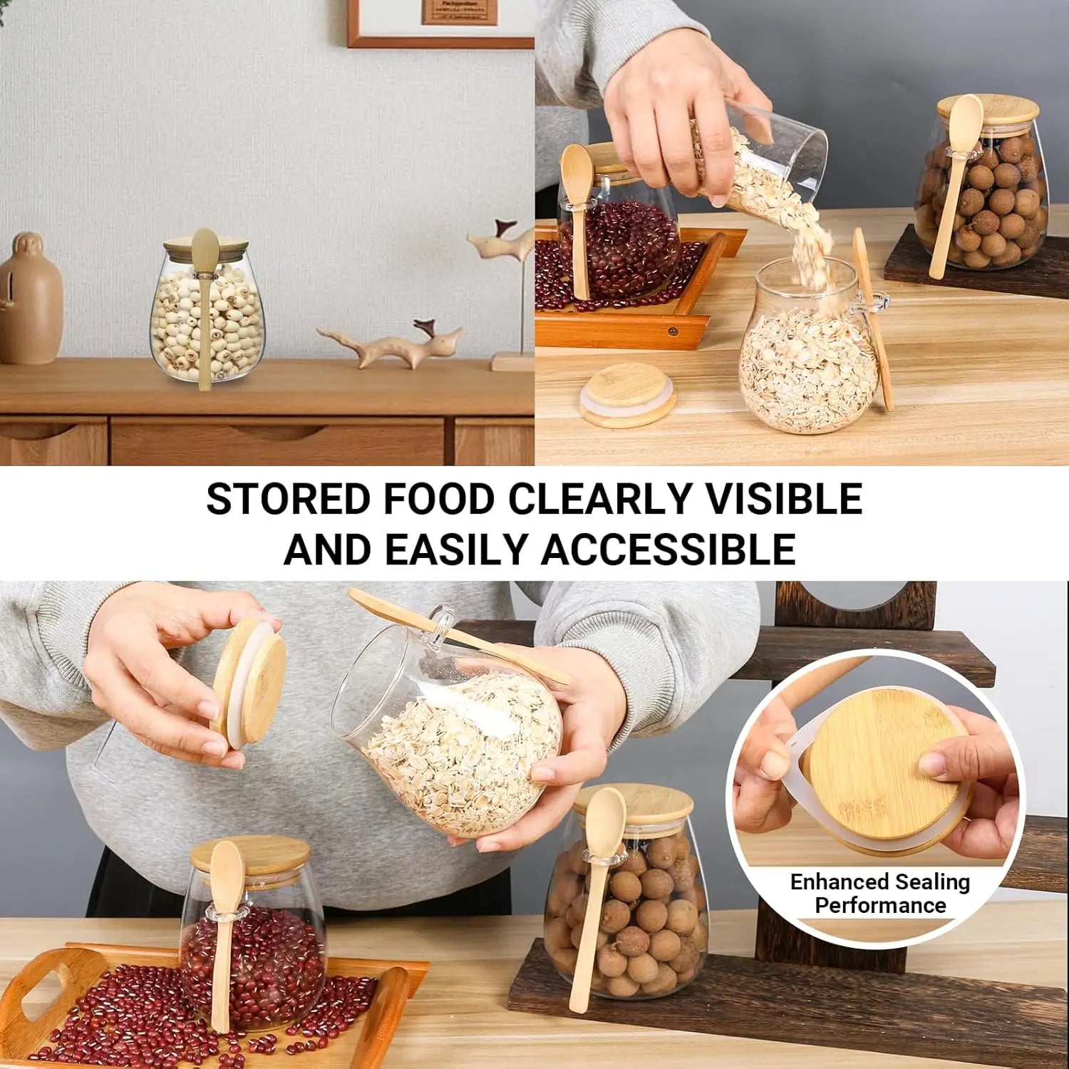 Round Glass Storage Jars with Bamboo Lids – 350ml & 600ml, Set of 1–4