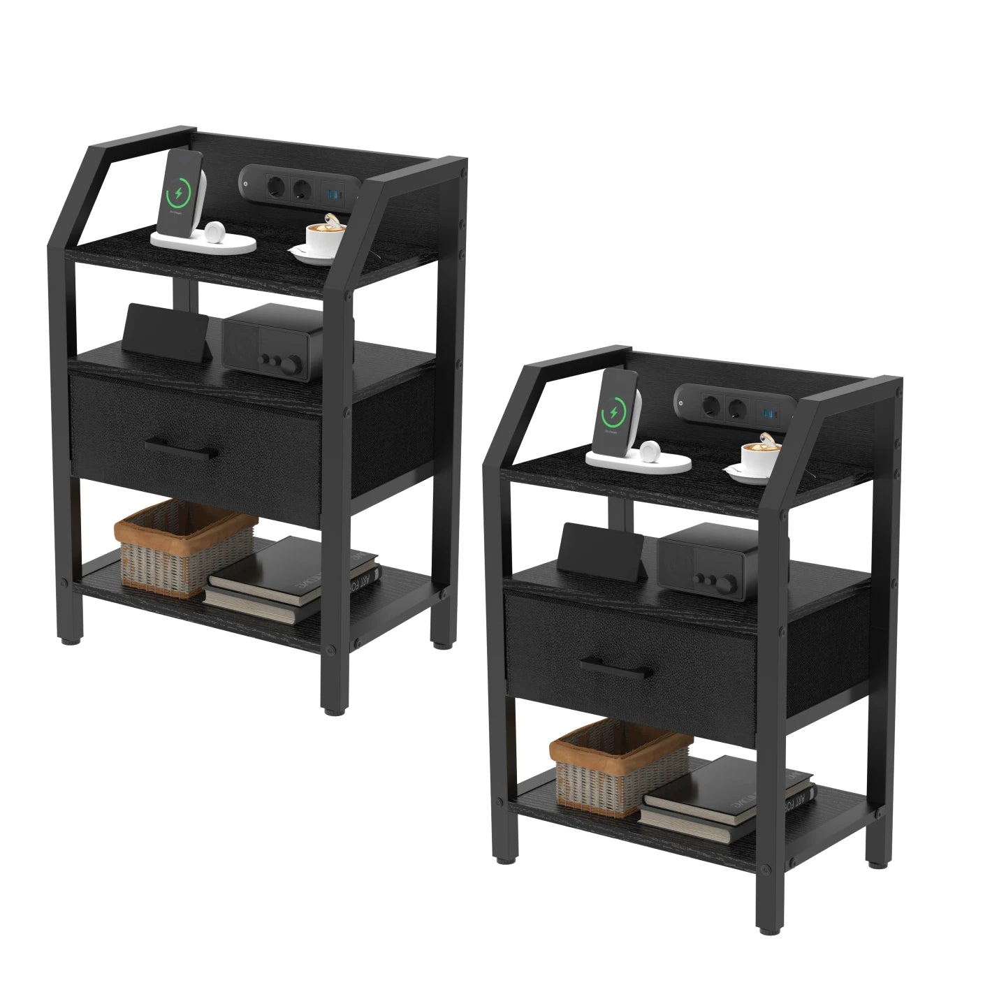 3-Tier Bedside Table with Charging Station, LED Light & Drawers – White, Black, Brown or Grey