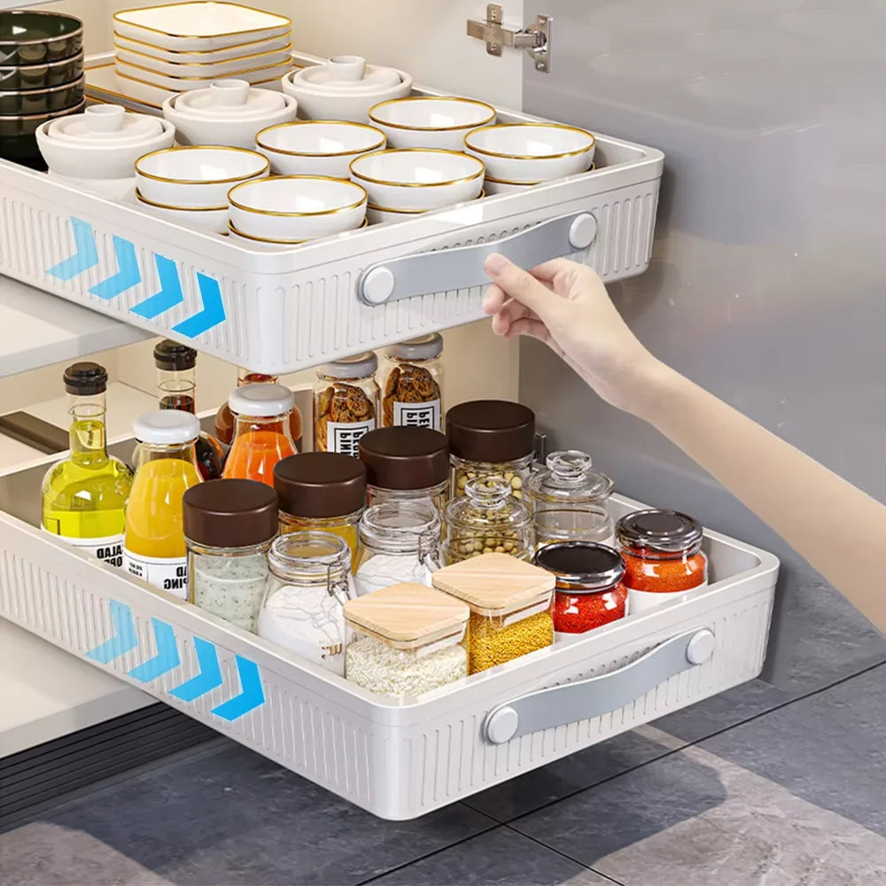 Pull-Out Cabinet Storage Tray with Slide Rails – Kitchen Sliding Drawer Organiser, M or L