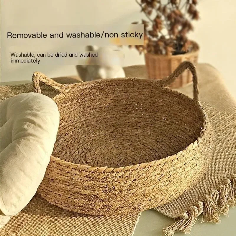 Handwoven Wicker Cat Basket with Cotton Cushion | All-Season | Washable | 3 Sizes