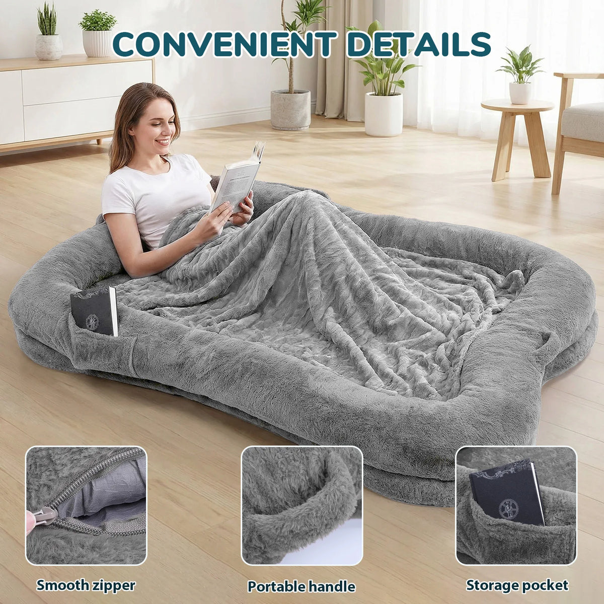 Giant Human Dog Bed | Faux Fur | Zippered Washable Cover | Non-Slip | Blanket & Storage Pocket Included | 180×120×30cm
