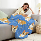 Blue Corgi Dog Fleece Throw Blanket for Sofa, Bed & Travel
