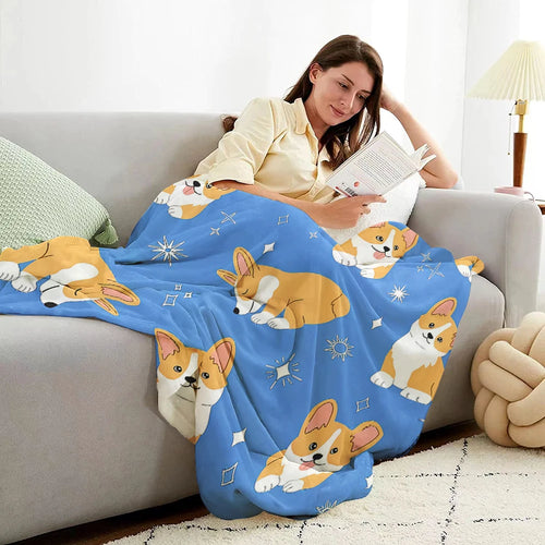 Blue Corgi Dog Fleece Throw Blanket for Sofa, Bed & Travel