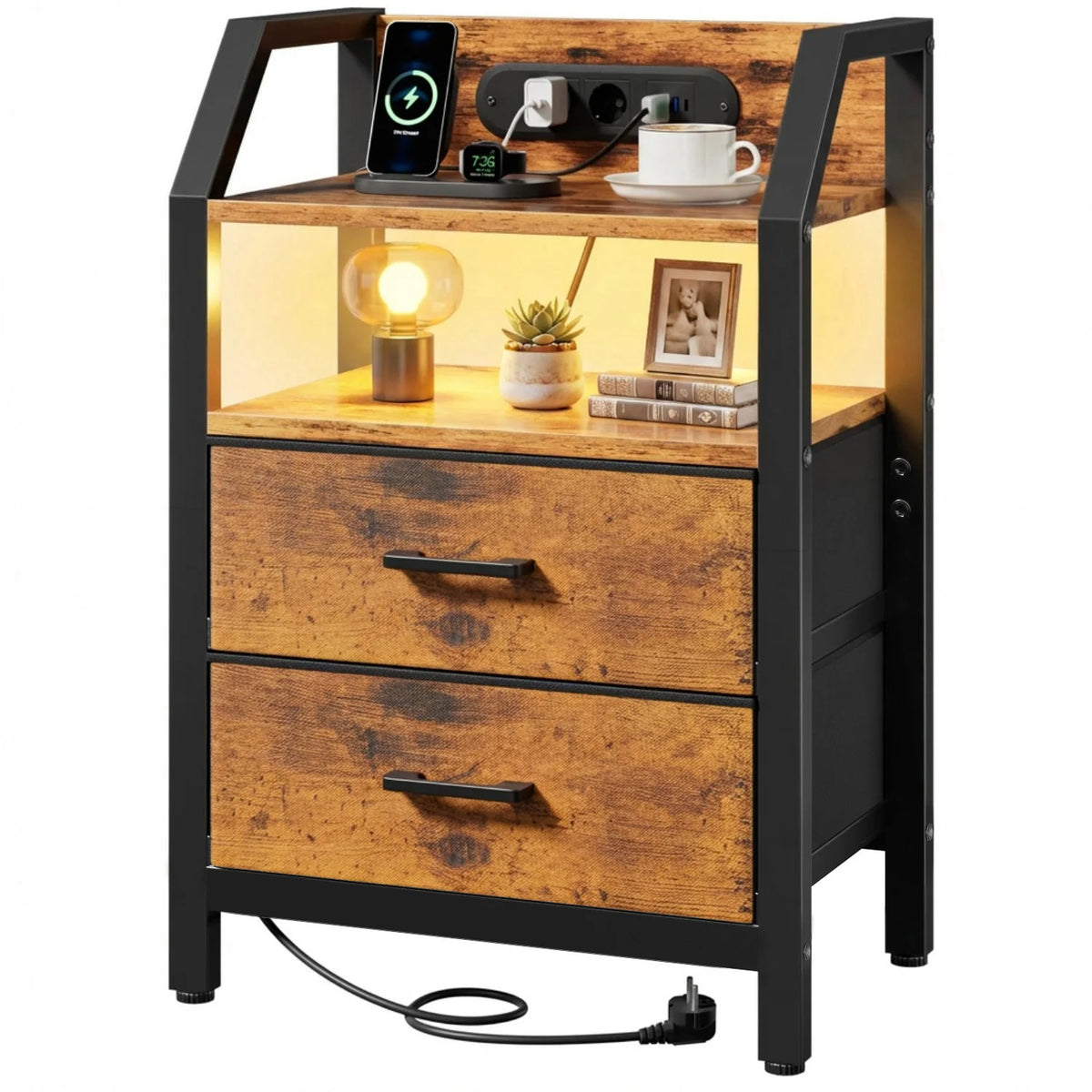 3-Tier Bedside Table with Charging Station, LED Light & Drawers – White, Black, Brown or Grey