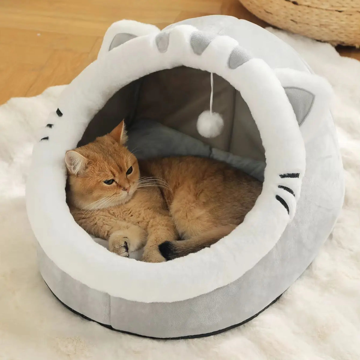 Animal Ear Cave Cat Bed | Plush | High-Resilience Core | Detachable Washable Cushion | Pompom Toy | 3 Sizes