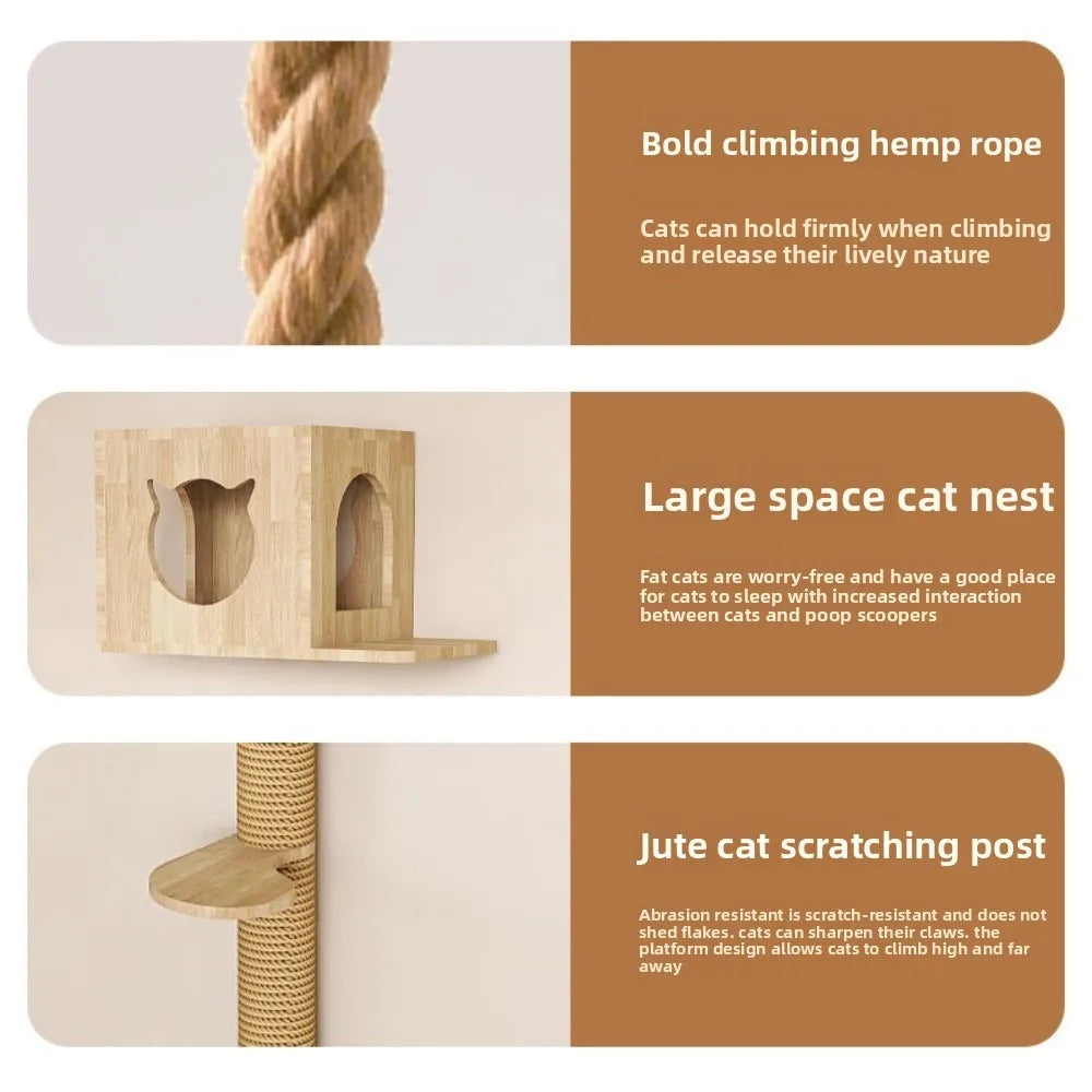 Wall-Mounted Sisal Rope Cat Climbing Shelf – 130cm or 150cm, Multi-Level