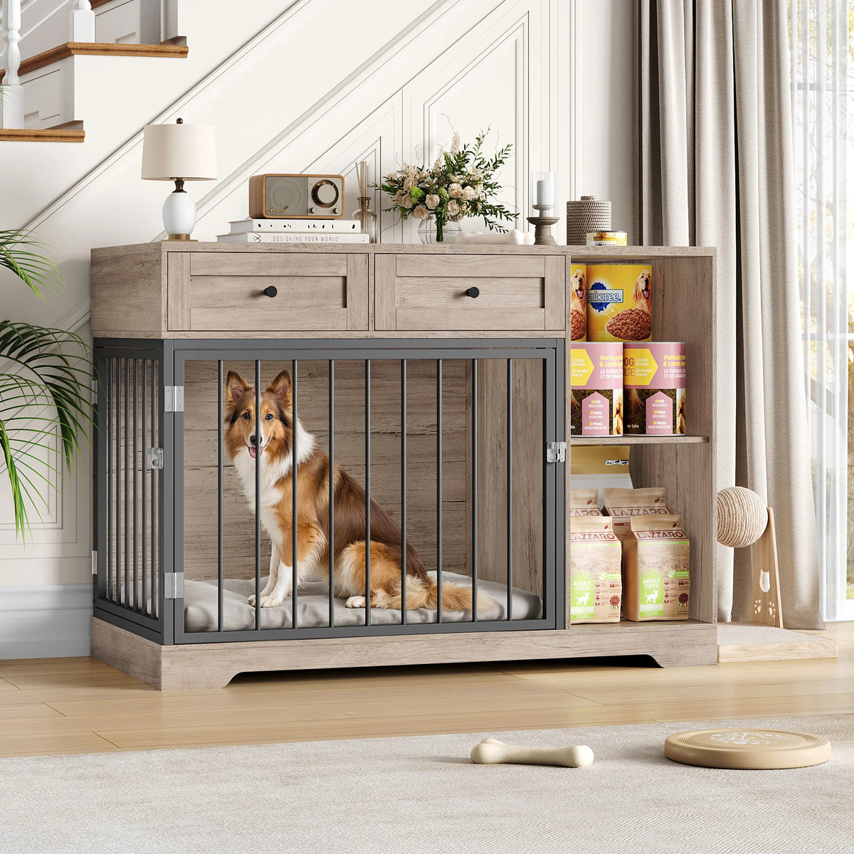 Wooden Dog Crate Furniture Cabinet – 120cm XXL Indoor Kennel with Drawers & Compartments
