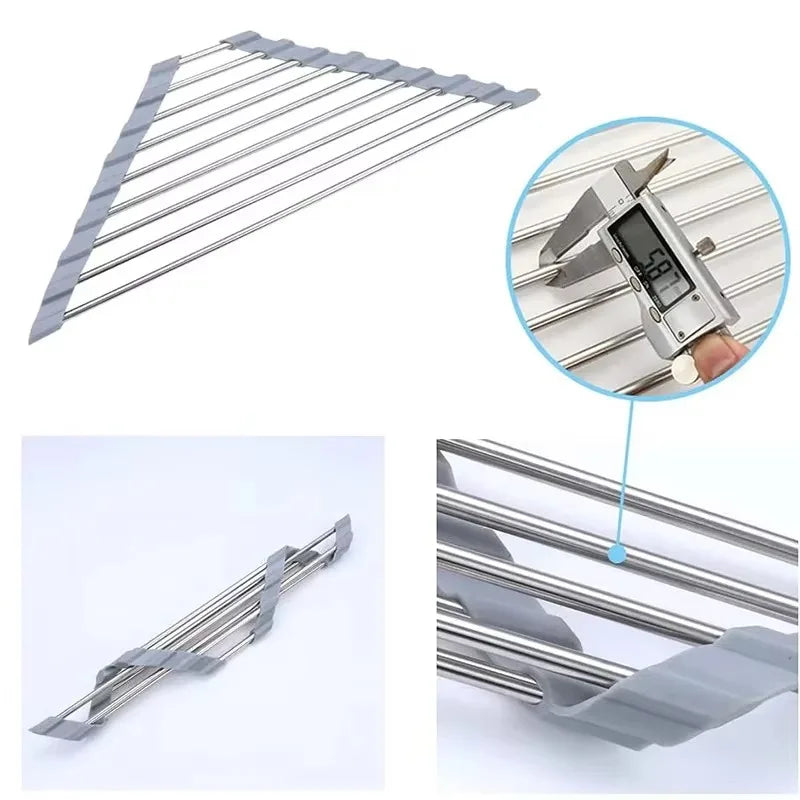 Roll-Up Triangle Dish Drying Rack – Foldable Corner Sink Organiser with Silicone Edges