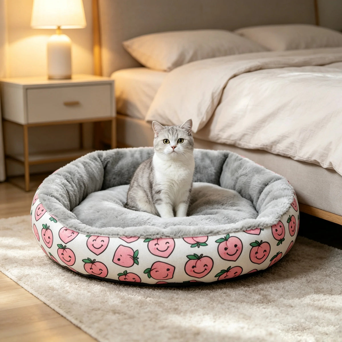 Round Corduroy Calming Cat Cushion Bed | Breathable | Warm | 3 Sizes | Pink Peach & Pink Stripe