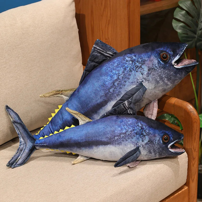 Giant Realistic Bluefin Tuna Plush Pillow | Deep Blue Torpedo Body | Open Mouth, Scale Texture Print & Yellow Finlets | 45–50cm, 70–75cm & 90–95cm