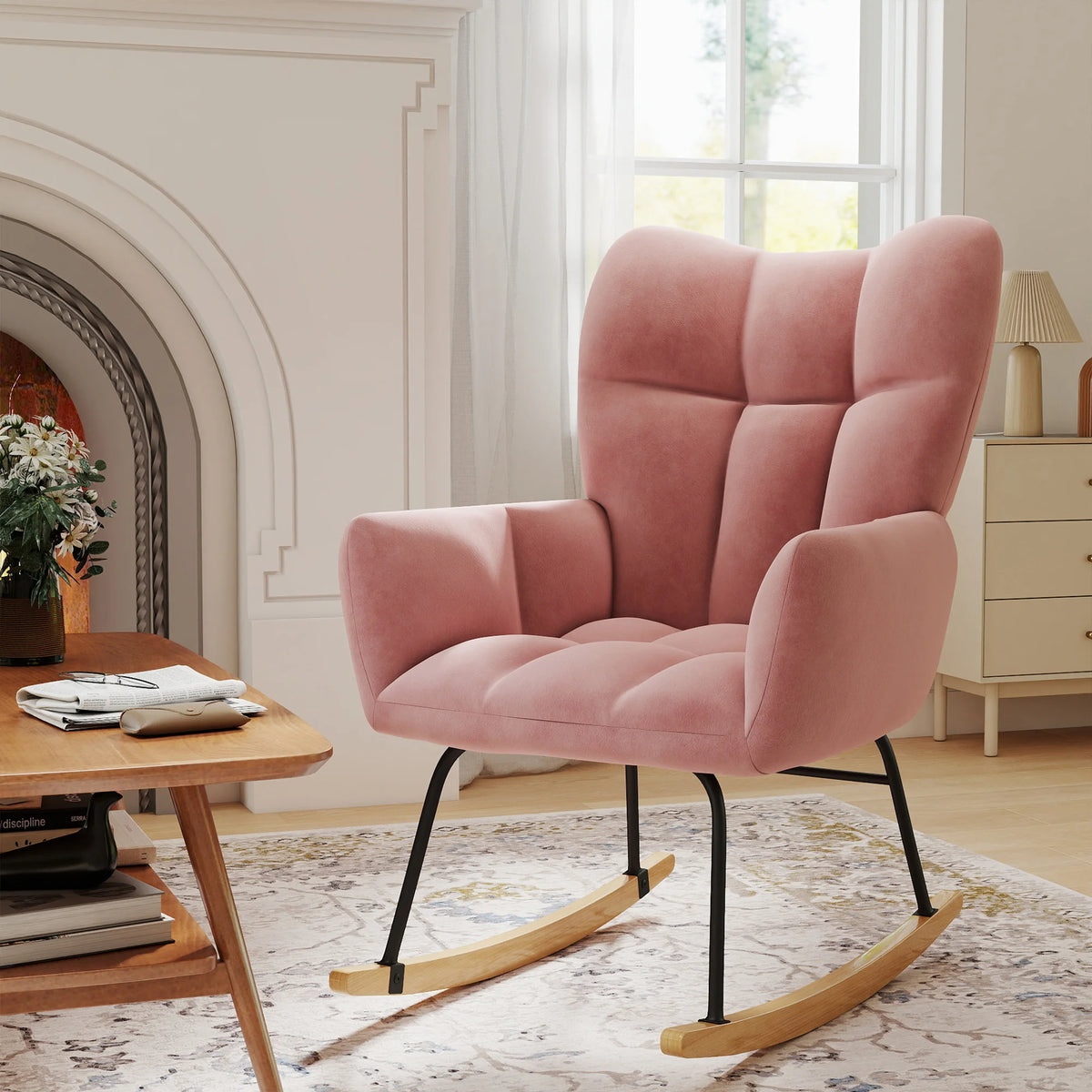 High Back Nursery Rocking Chair | Metal Frame | Sherpa Cover | Anti-Tip | 10-Min Assembly | 4 Colours