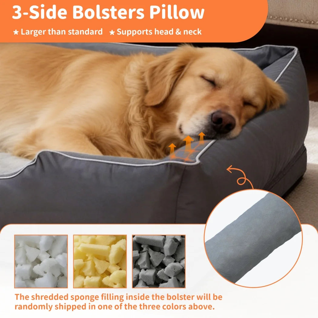 Oxford & Faux Rabbit Fur Bolster Dog Bed | Sponge Foam | Removable Cover | Non-Slip | 5 Sizes
