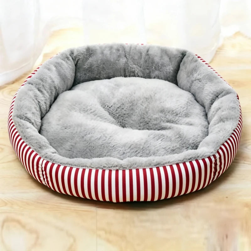 Round Corduroy Calming Cat Cushion Bed | Breathable | Warm | 3 Sizes | Pink Peach & Pink Stripe